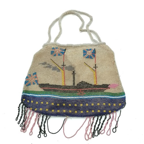 203 - 2 x RARE antique beadwork purses / bags depicting tall masted ships & steam paddle ship with Union J... 