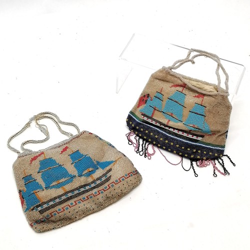 203 - 2 x RARE antique beadwork purses / bags depicting tall masted ships & steam paddle ship with Union J... 