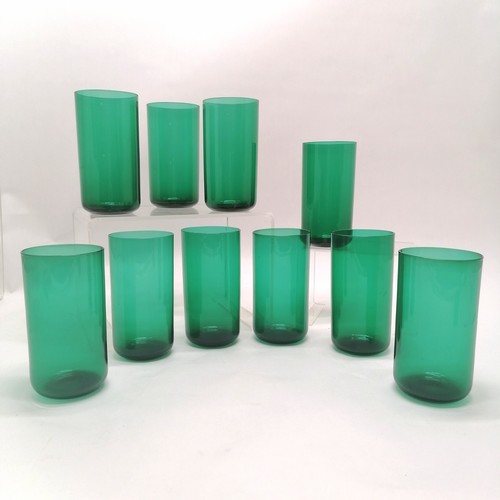 242 - 10 x green glass tumblers - 13cm high x 7cm diameter ~ no obvious damage