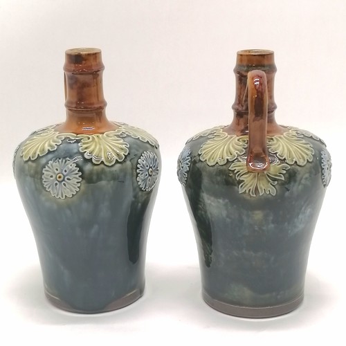 251 - Royal Doulton stoneware antique pair of ewers / flasks - 1 signed MB (Maud Bowden) - 22cm high with ... 