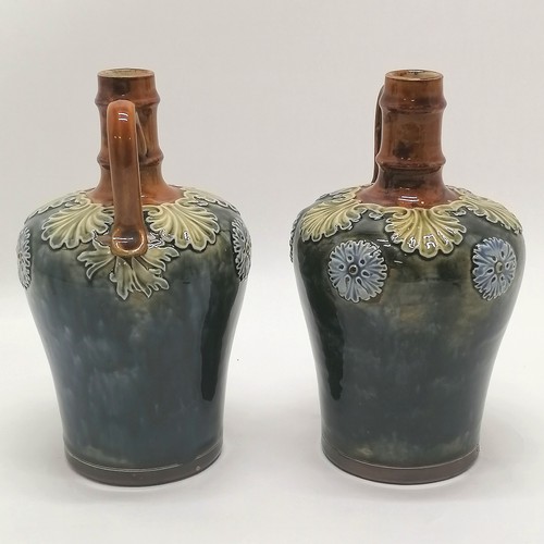 251 - Royal Doulton stoneware antique pair of ewers / flasks - 1 signed MB (Maud Bowden) - 22cm high with ... 