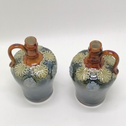 251 - Royal Doulton stoneware antique pair of ewers / flasks - 1 signed MB (Maud Bowden) - 22cm high with ... 