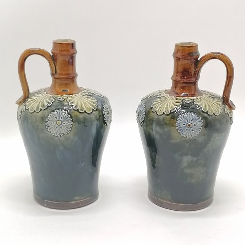 251 - Royal Doulton stoneware antique pair of ewers / flasks - 1 signed MB (Maud Bowden) - 22cm high with ... 