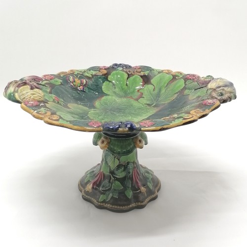 253 - Antique majolica pedestal oval tazza with satyr / devil mask & grapes detail - 20cm high x 34cm acro... 