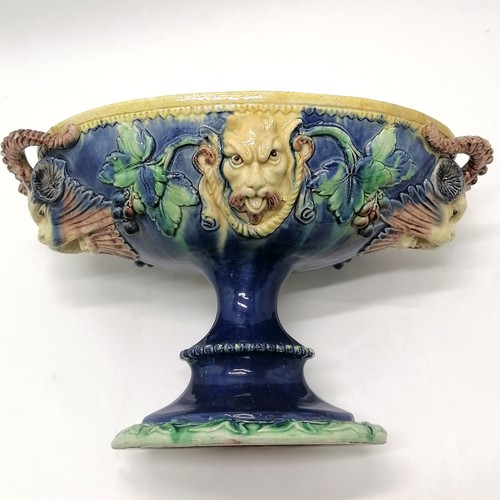 253 - Antique majolica pedestal oval tazza with satyr / devil mask & grapes detail - 20cm high x 34cm acro... 