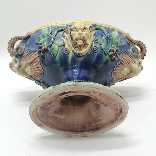 253 - Antique majolica pedestal oval tazza with satyr / devil mask & grapes detail - 20cm high x 34cm acro... 