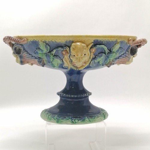 253 - Antique majolica pedestal oval tazza with satyr / devil mask & grapes detail - 20cm high x 34cm acro... 