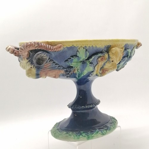 253 - Antique majolica pedestal oval tazza with satyr / devil mask & grapes detail - 20cm high x 34cm acro... 