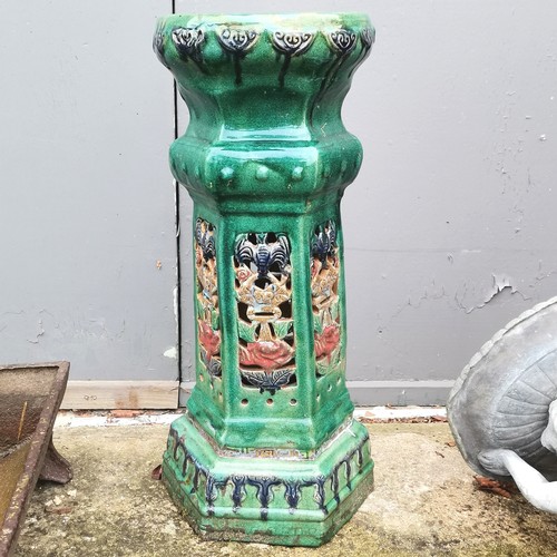 259 - Oriental green glazed pottery jardiniere stand 70cm high x 28cm diameter