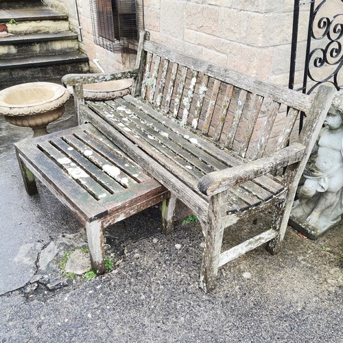 262 - Weathered teak bench and matching coffee table, bench 150cm long x 87cm high x 50cm deep- In good us... 