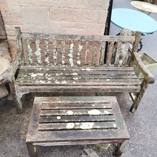 262 - Weathered teak bench and matching coffee table, bench 150cm long x 87cm high x 50cm deep- In good us... 