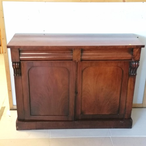 278 - Victorian Mahogany two drawer sideboard, interior fitted with wine cellarette drawer, on platform ba... 