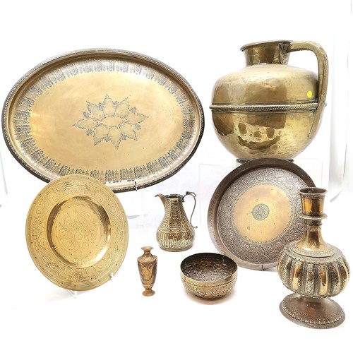 303 - Collection of brassware to include brass water carrier, 35 cm high, 32 cm width, 3 assorted brass tr... 