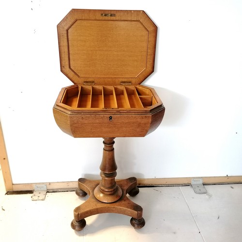 309 - An Antique oak work box, with lift up lid revealing fitted interior, on turned column support, quatr... 