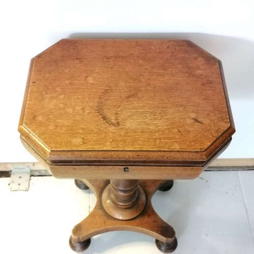 309 - An Antique oak work box, with lift up lid revealing fitted interior, on turned column support, quatr... 