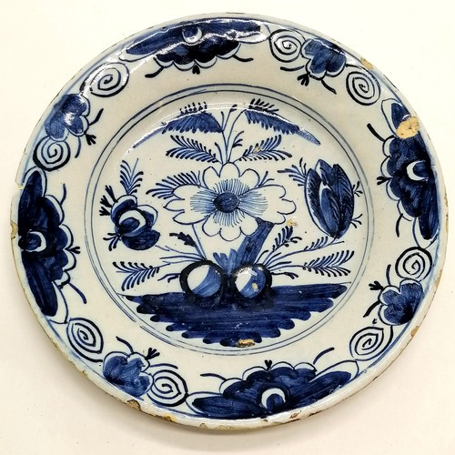 319 - Antique 18th century Delft plate with flower decoration - 23.5cm diameter ~ has chips and hairline c... 