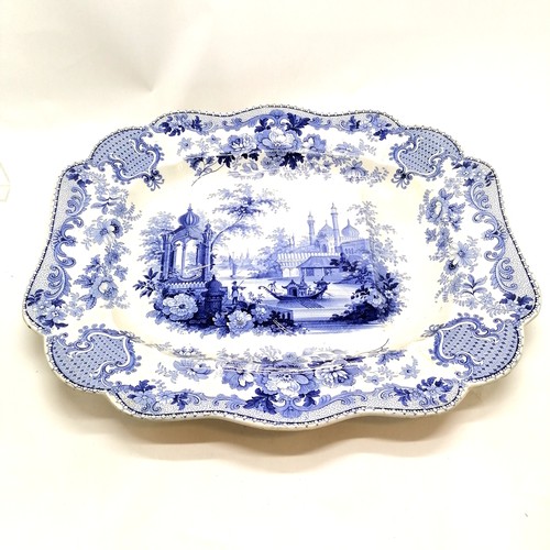 320 - Antique blue & white Japanese pattern meat platter with well - 57cm x 48cm ~ slight wear / staining ... 