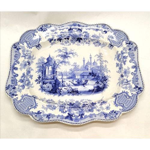 320 - Antique blue & white Japanese pattern meat platter with well - 57cm x 48cm ~ slight wear / staining ... 