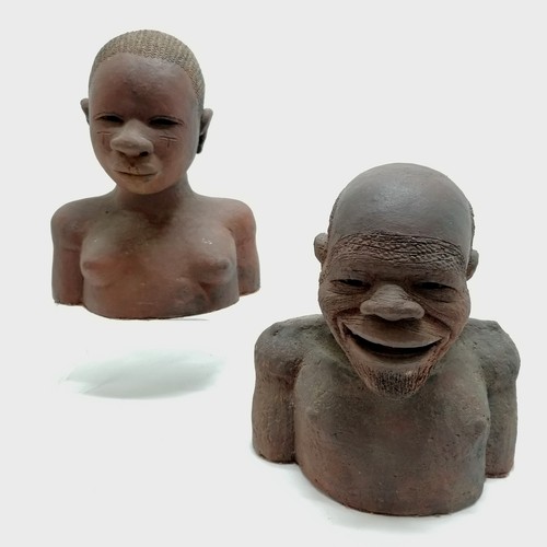 323 - 2 x clay busts of African male (Lugbara Uganda) & female (Avokaya-Sudad by John Andruga) - height of... 