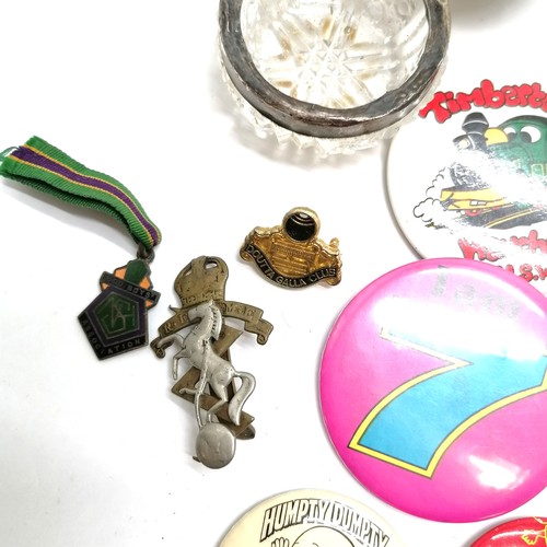 328 - Qty of oddments inc badges, travelling inkwell, Sherlock Holmes zippo lighter, pair of silver topped... 