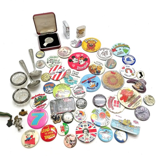 328 - Qty of oddments inc badges, travelling inkwell, Sherlock Holmes zippo lighter, pair of silver topped... 