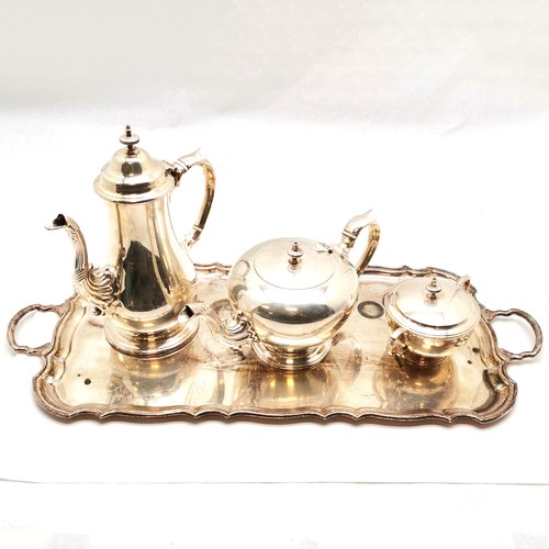 334 - Good quality Langfords Galleries silver plated 3 piece tea set on 2 handled scalloped edge tray - ta... 