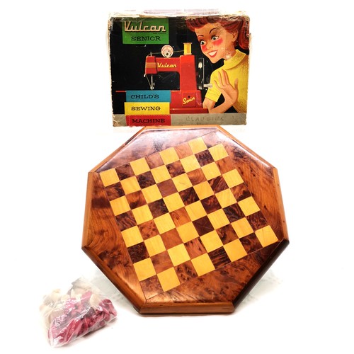 355 - Boxed Vulcan Senior childs sewing machine (with booklet) t/w octagonal wooden chessboard (30cm acros... 