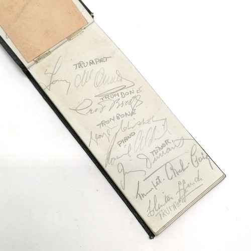 356 - Autograph book signed by mostly jazz musicians inc Ronnie Scott, Freddie Crump, Paul Fenhoulet, Vic ... 