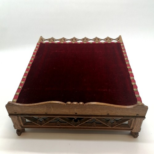 379 - Antique religious Gothic oak book / bible stand with brass show tacks & red velvet (slight losses) p... 