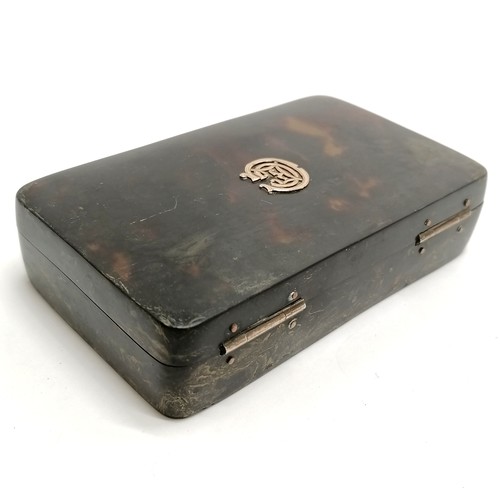 432 - Antique tortoiseshell box containing tortoiseshell and silver topped jars and a nail buffer, box 12c... 