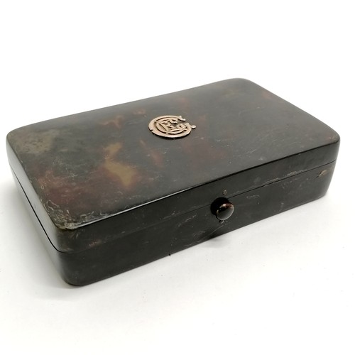 432 - Antique tortoiseshell box containing tortoiseshell and silver topped jars and a nail buffer, box 12c... 