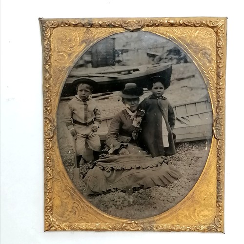 439 - 3 unframed antique Ambrotype early photographs depicting a family in a horse drawn cart and on a bea... 