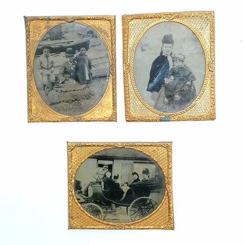 439 - 3 unframed antique Ambrotype early photographs depicting a family in a horse drawn cart and on a bea... 