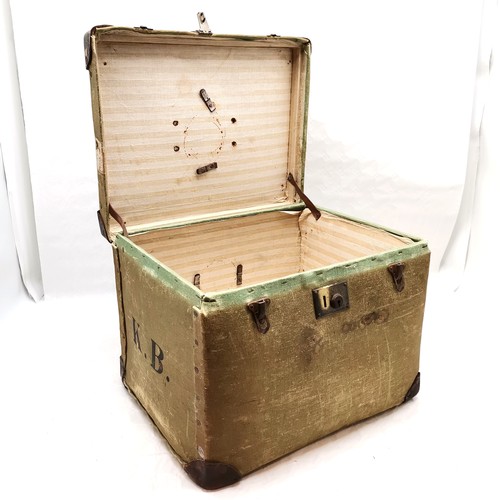 445 - Antique green canvas and leather trunk 37cm high x 40cm x 49cm - in good used condition- some marks