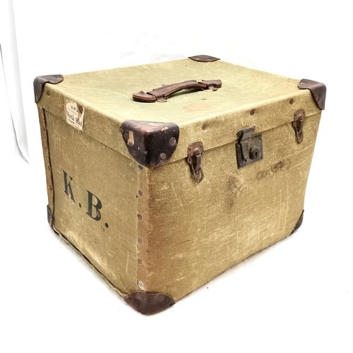 445 - Antique green canvas and leather trunk 37cm high x 40cm x 49cm - in good used condition- some marks