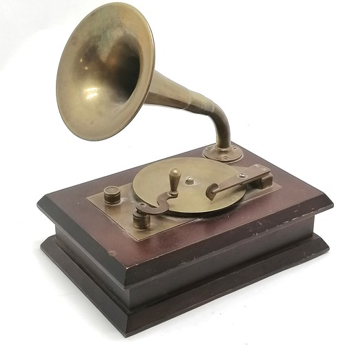 468 - Novelty vintage brass & wooden music box with hand wind mechanism in the form of a gramophone - 18cm... 