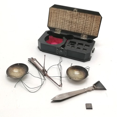 489 - Antique ebony cased diamond scales with original unmarked silver tweezers / scoop & balance scales w... 