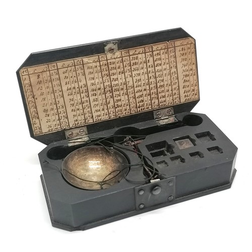 489 - Antique ebony cased diamond scales with original unmarked silver tweezers / scoop & balance scales w... 