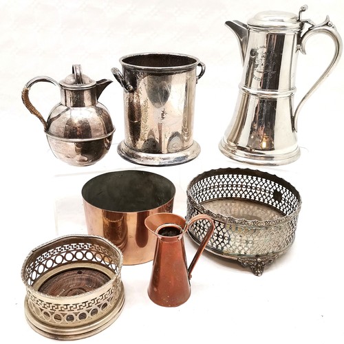 494 - Collection of silver plated items to include, wine cooler, 2 coasters and a Jersey milk jug, t/w a P... 