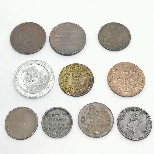 511 - 10 x Tokens / medallions inc Bath & Somerset, 1815 success to navigation, 1773 John Wilkes, 1795 Bay... 