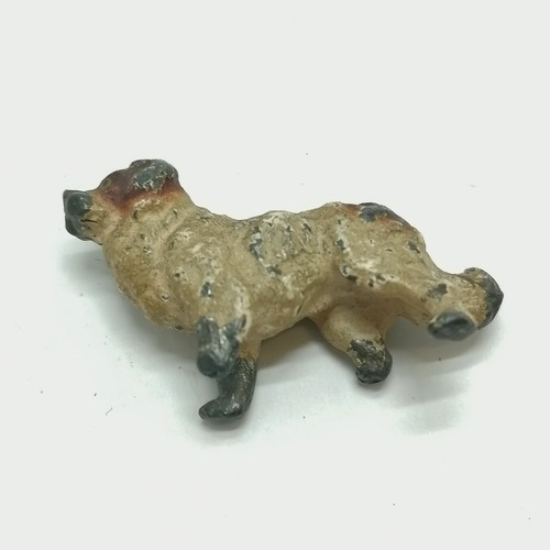 533 - Bronze cold painted reclining cat figure (6.5cm x 3cm high) t/w 3 metal dog figures (1 has missing l... 