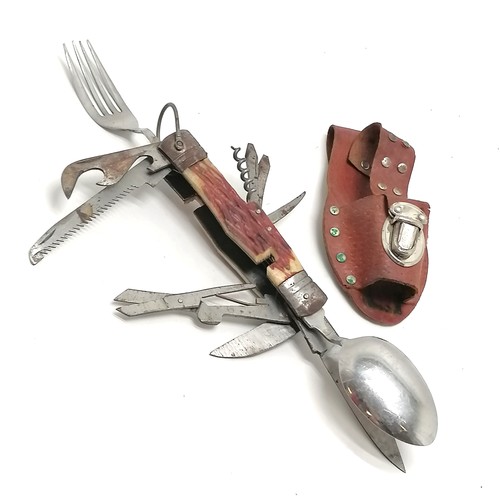 534 - Vintage multi-tool folding pocket / camping knife with antler detail - 29cm extended & has original ... 