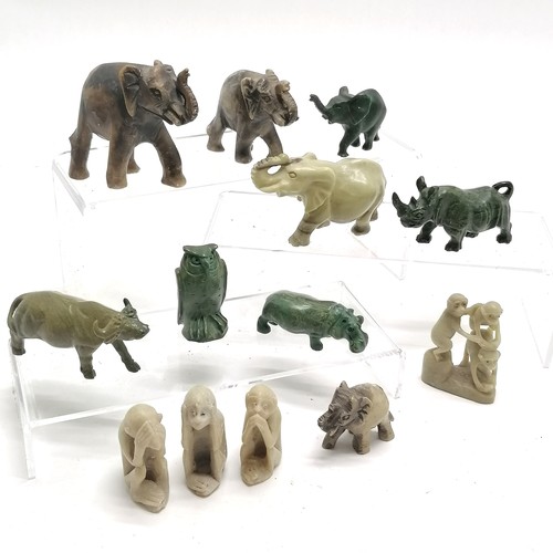 539 - 13 x hand carved soapstone figures of animals inc elephant, monkey, owl, rhinoceros, water buffalo e... 