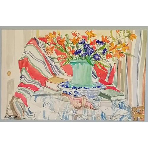 57 - 2 mounted contemporary watercolours of a garden table and chairs 80cm x 67cm and vase with striped f... 