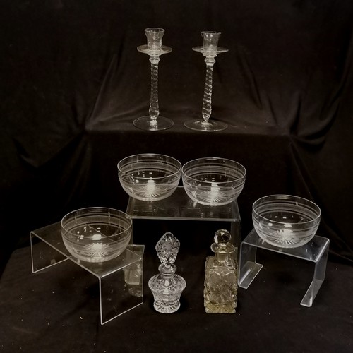 521 - Pair of barley twist glass candlesticks, 22 cm high, cut crystal scent bottle, another t/w set of 4 ... 
