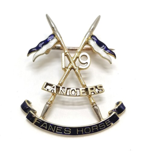 656 - Unmarked gold (touch tests as 18ct) antique 19th Lancers sweetheart brooch with blue & white enamel ... 