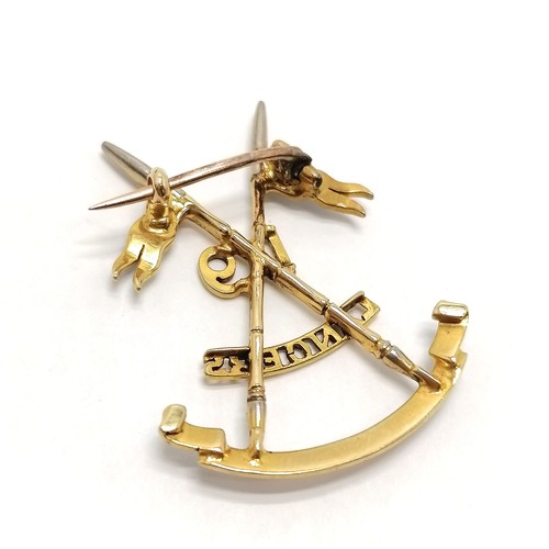 656 - Unmarked gold (touch tests as 18ct) antique 19th Lancers sweetheart brooch with blue & white enamel ... 