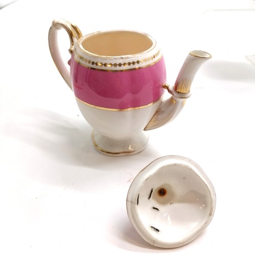52 - Antique continental pink banded teaware - teapot 15cm - all 3 lids a/f, chip to cream jug spout
