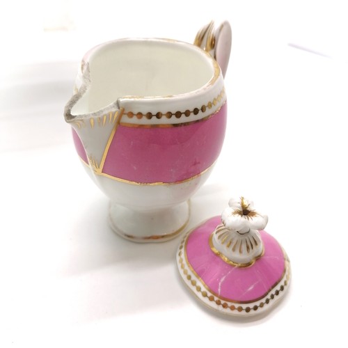 52 - Antique continental pink banded teaware - teapot 15cm - all 3 lids a/f, chip to cream jug spout