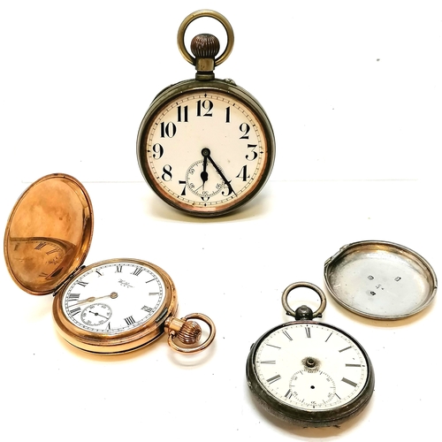733 - Waltham dennison cased gold plated pocket watch (5cm diameter & running) t/w Goliath nickel cased po... 
